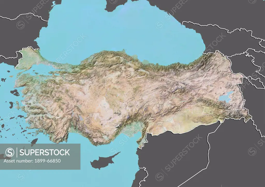 Relief map of Turkey (with border and mask). This image was compiled from data acquired by landsat 5 & 7 satellites combined with elevation data.