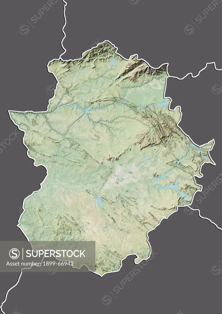 Relief map of Extremadura, Spain. This image was compiled from data acquired by LANDSAT 5 & 7 satellites combined with elevation data.