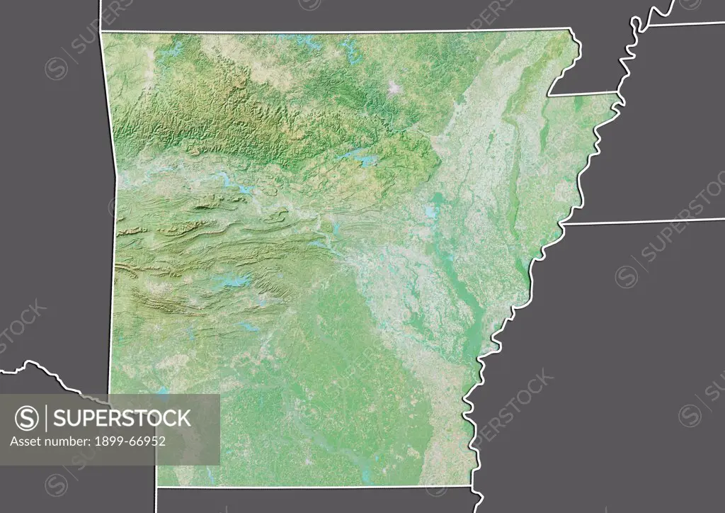 Relief map of the State of Arkansas, United States. This image was compiled from data acquired by LANDSAT 5 & 7 satellites combined with elevation data.