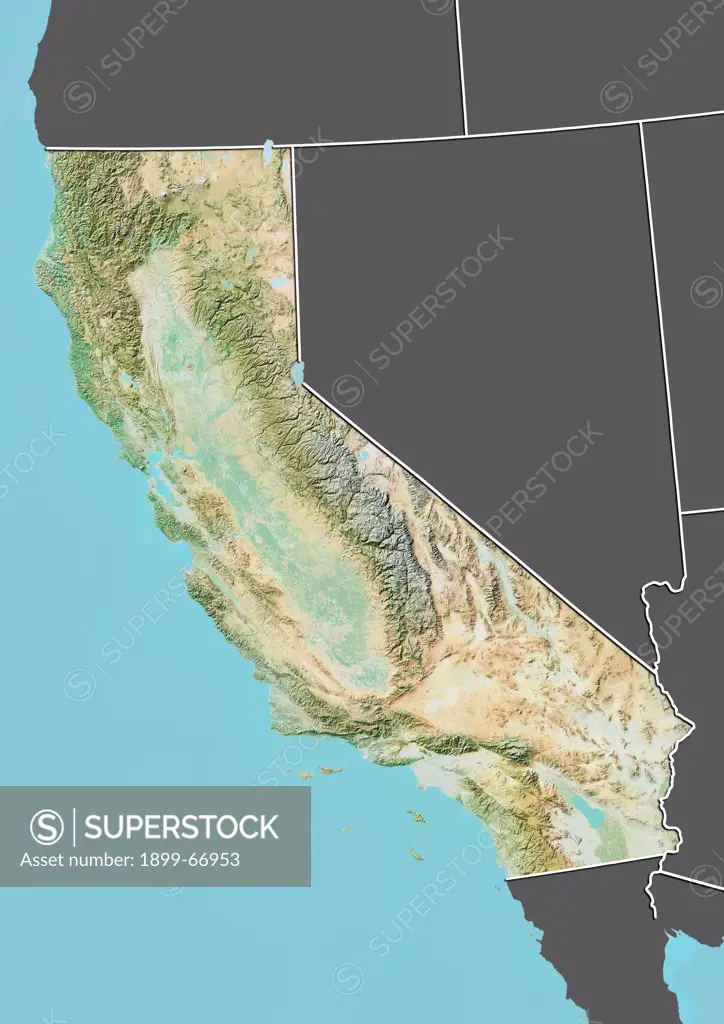 Relief map of the State of California, United States. This image was compiled from data acquired by LANDSAT 5 & 7 satellites combined with elevation data.