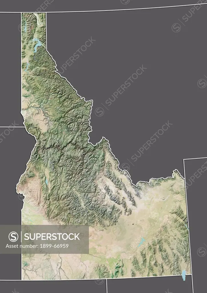 Relief map of the State of Idaho, United States. This image was compiled from data acquired by LANDSAT 5 & 7 satellites combined with elevation data.