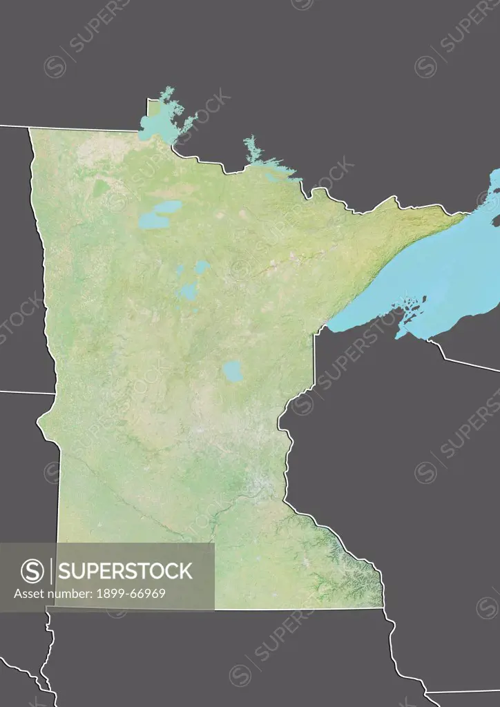Relief map of the State of Minnesota, United States. This image was compiled from data acquired by LANDSAT 5 & 7 satellites combined with elevation data.