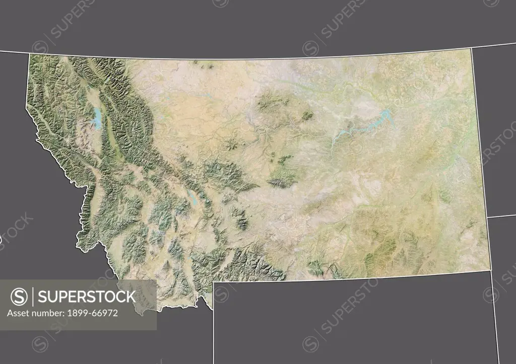 Relief map of the State of Montana, United States. This image was compiled from data acquired by LANDSAT 5 & 7 satellites combined with elevation data.