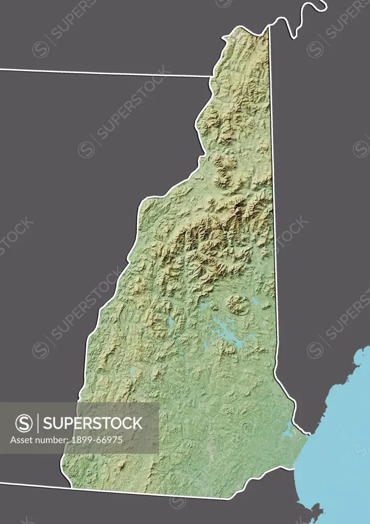 Relief map of the State of New Hampshire, United States. This image was compiled from data acquired by LANDSAT 5 & 7 satellites combined with elevation data.