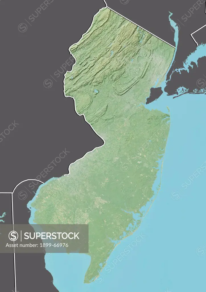 Relief map of the State of New Jersey, United States. This image was compiled from data acquired by LANDSAT 5 & 7 satellites combined with elevation data.