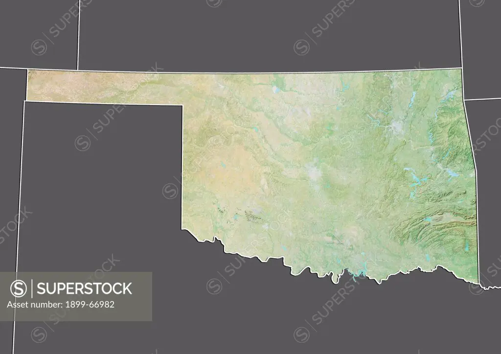 Relief map of the State of Oklahoma, United States. This image was compiled from data acquired by LANDSAT 5 & 7 satellites combined with elevation data.