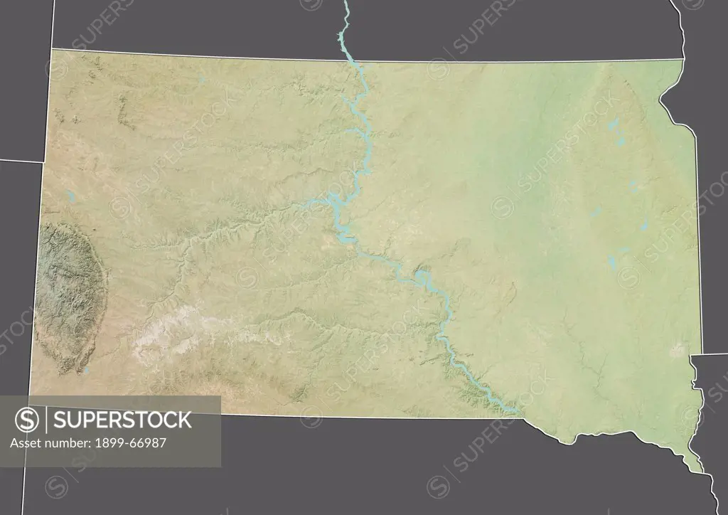 Relief map of the State of South Dakota, United States. This image was compiled from data acquired by LANDSAT 5 & 7 satellites combined with elevation data.