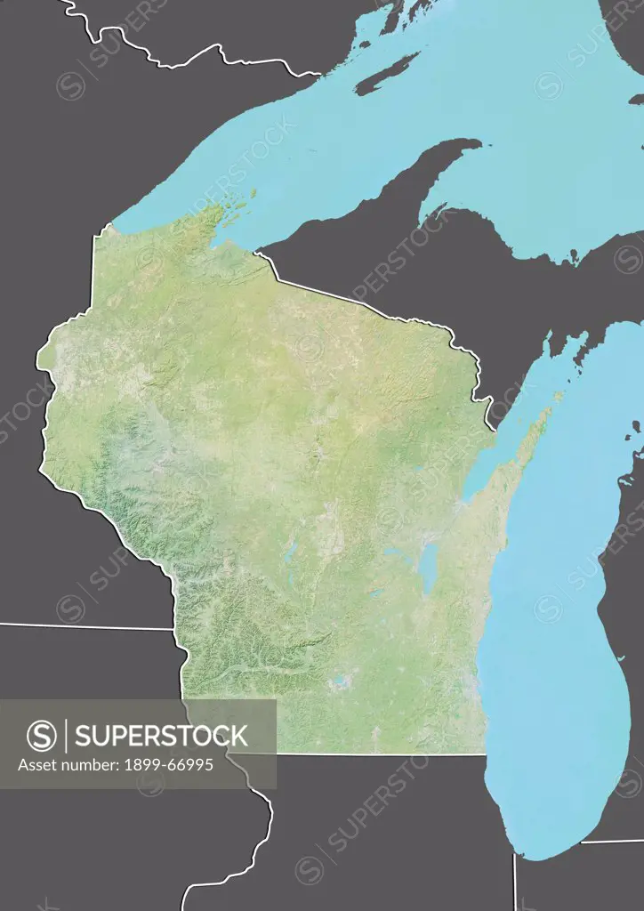 Relief map of the State of Wisconsin, United States. This image was compiled from data acquired by LANDSAT 5 & 7 satellites combined with elevation data.