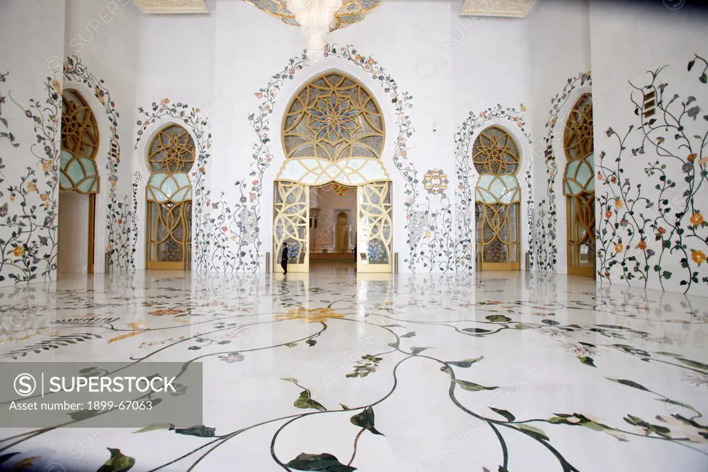 Sheikh Zayed Grand Mosque. Flowers pattern. Thousands of rare and semi-precious stones, encrusted in marble, were used to decorate the structure.