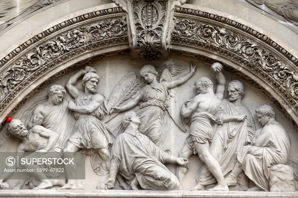 Paris, France  Saint-Etienne-du-Mont church Saint Étienne's martyrdom sculpted on the pediment , by Gabriel-Jules Thomas (1863),