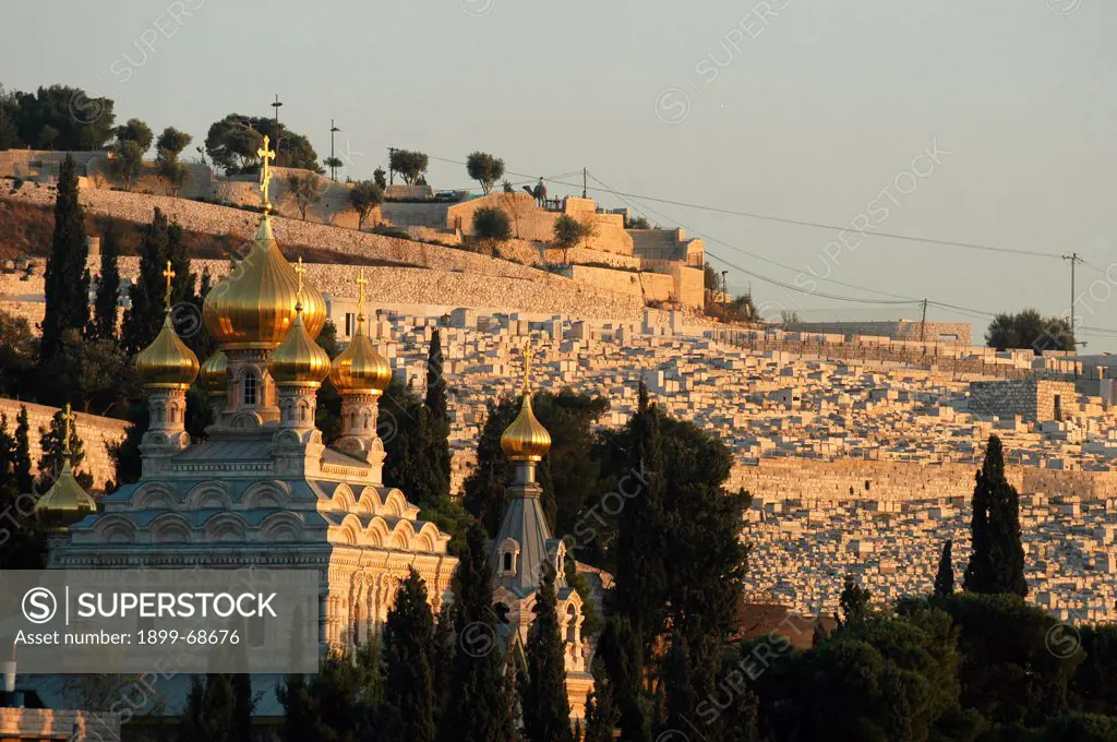 Mary Magdalene Russian orthodox church and Jewish cemetery on Mount of Olives