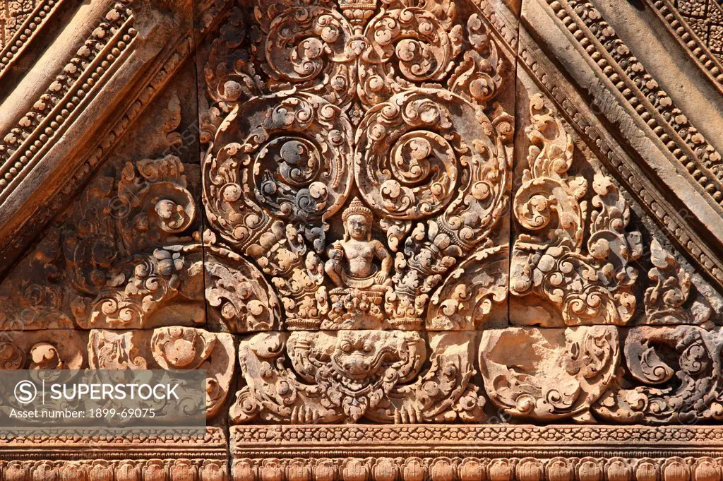 Banteay Srei Temple at Angkor in Cambodia.  Intricately carved.