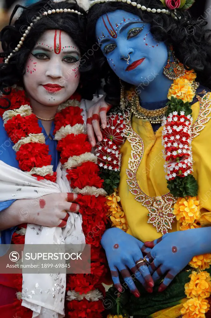 Children impersonating Hindu gods Radha & Krishna at Janmashtami festival at Bhaktivedanta Manor ISKCON (Hare Krishna) temple