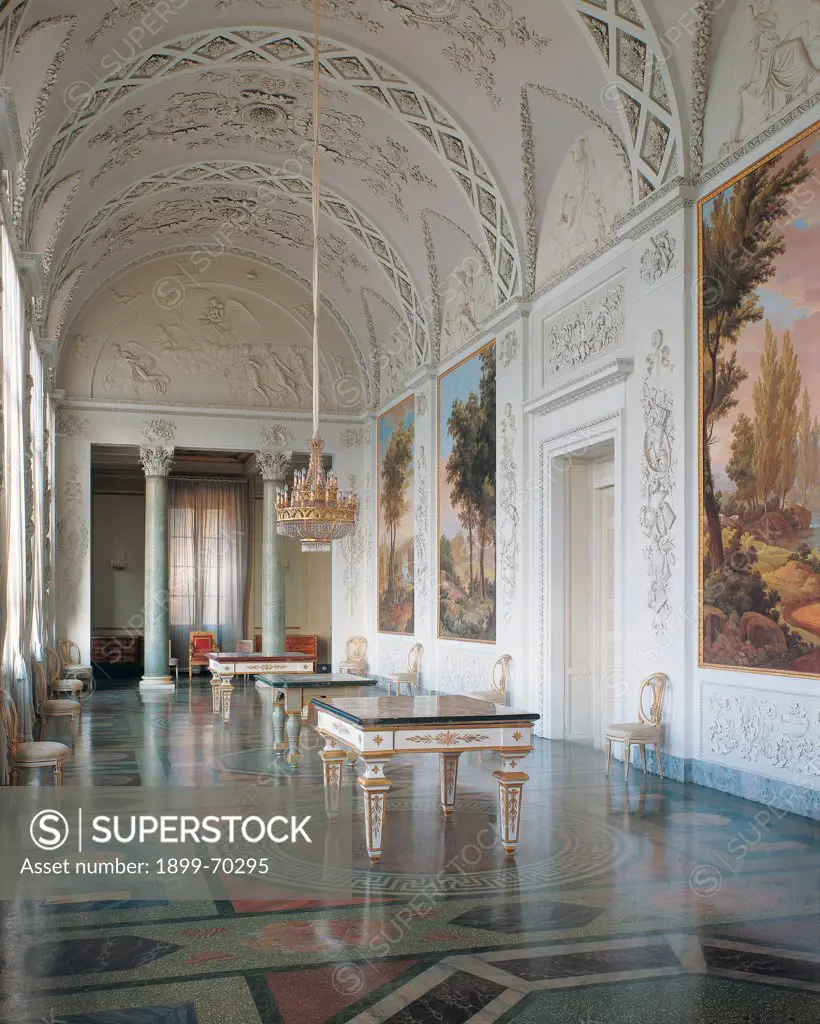 Italy, Tuscany, Florence, Villa of Poggio Imperiale. Detail. The walls of the Loggia boasting plaster decorations, columns, fournishings and painted landscapes.
