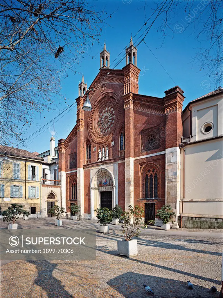 Italy, Lombardy, Milan, San Marco church. External view of the church. On the facade with salients are visible the portals, the parastades, the three-lancet and two-lancet windows and the rose-window. It is made of bricks.