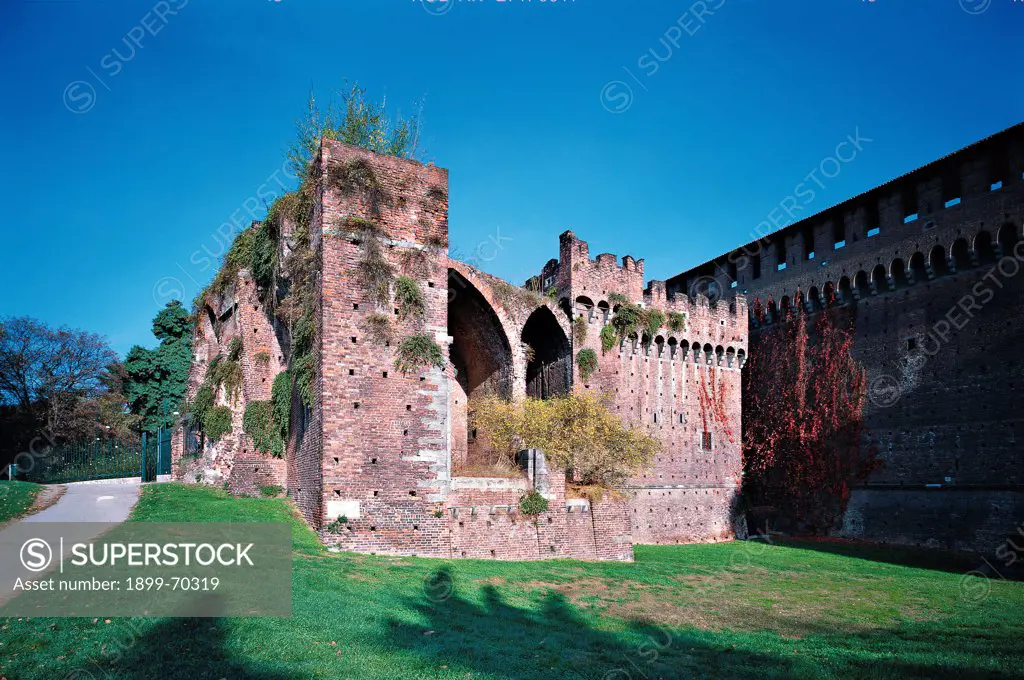 Italy, Lombardy, Milan. Detail. Foreshortening of the external walls of the castle and the ruins of the ravelin.