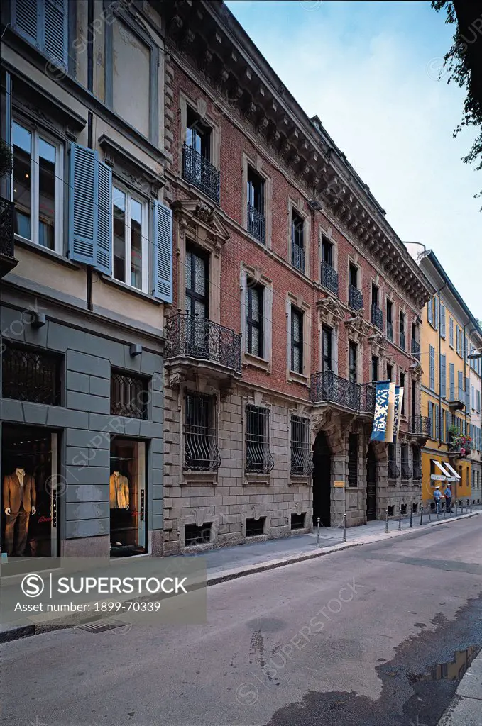 Italy, Lombardy, Milan, Santo Spirito street. Whole artwork view. Foreshortening of the facade and Santo Spirito street.