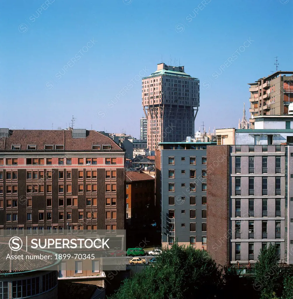 Italy, Lombardy, Milan, Velasca Tower. View of the tower block from a distance. Other buildings are also visible.