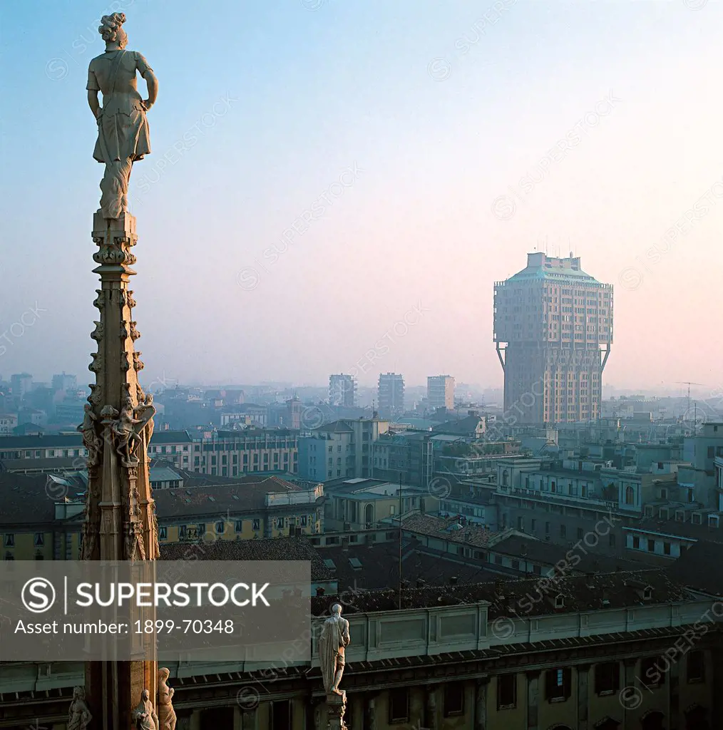 Italy, Lombardy, Milan, Velasca Tower. View of the tower block from the Duomo's spires.