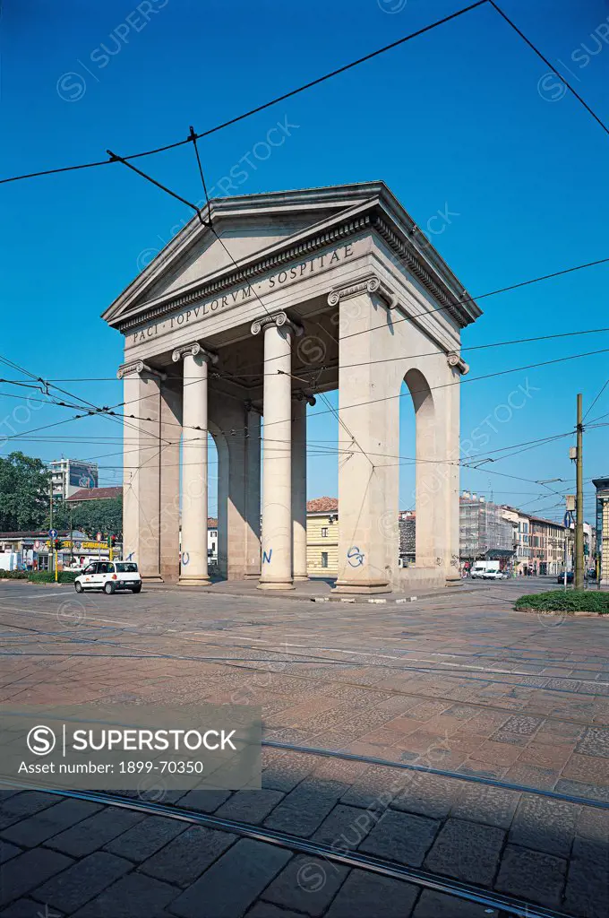 Latin , Porta Italy, the in Ticinese Ticinese. of Porta Lombardy, style View Milan columns surmounted by populorum sospitae\'. inscription bearing Neoclassic On a \'paci made of A gate Milan. tympanum. It