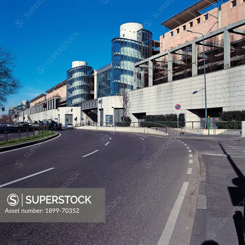 Italy, Lombardy, Milan, Exhibition Centre. View of the Milan Fair in viale Scarampo showing the street, a building, the towers and the stairs inside them.