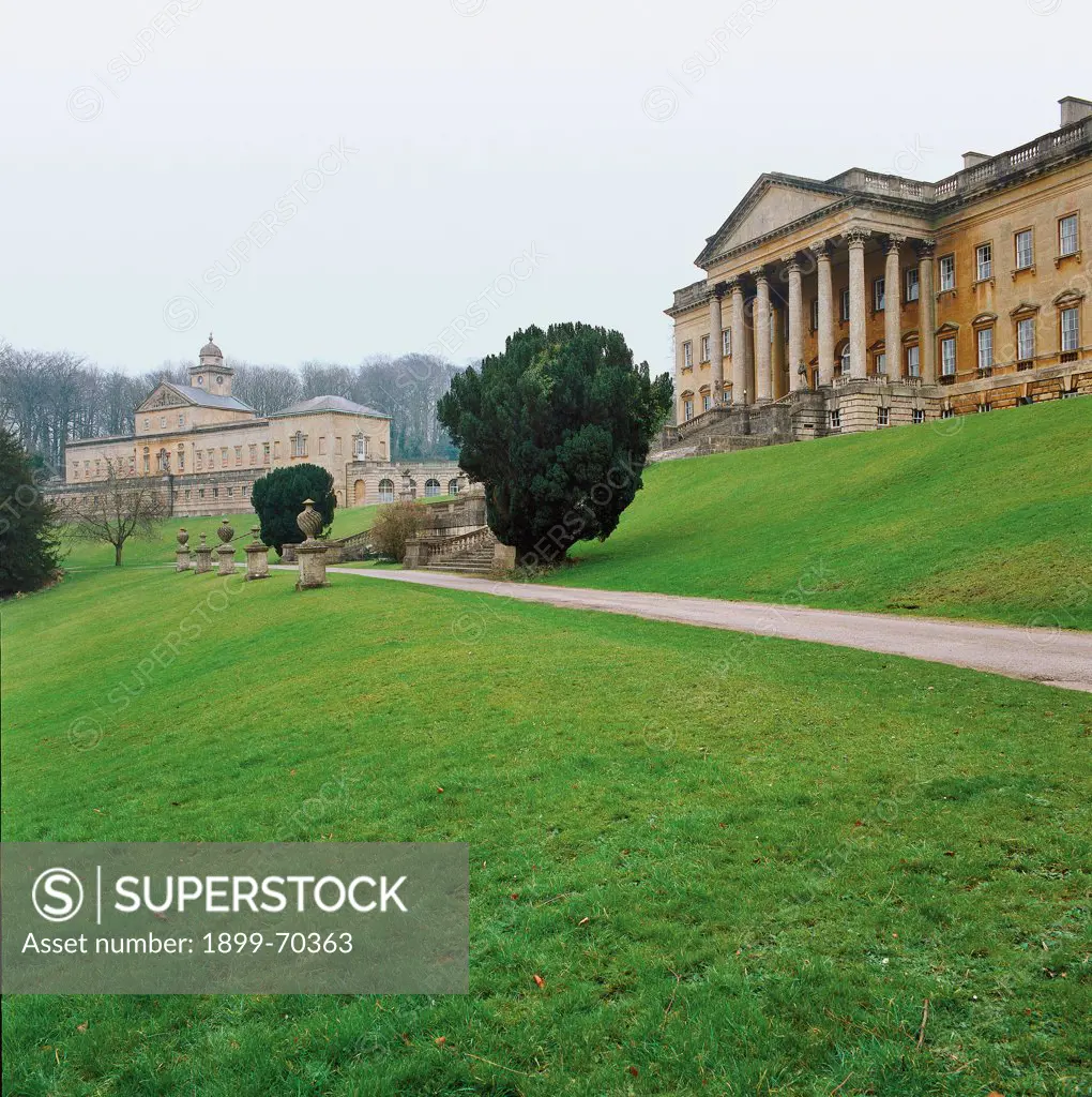 United Kingdom, Bath, Prior Park. Detail. Foreshortened view of the park with some huge buildings.