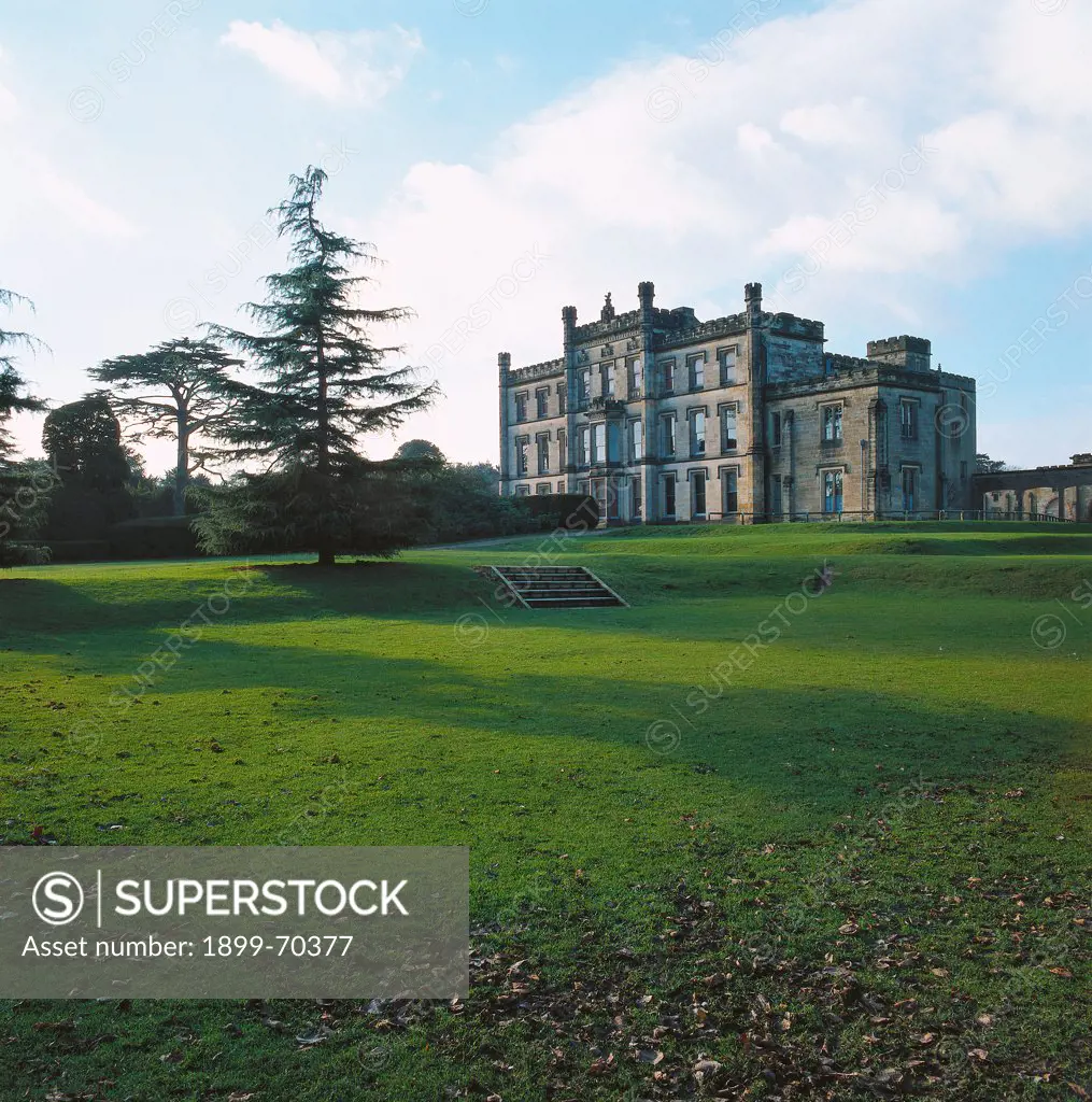 United Kingdom, Elvaston Castle. Whole artwork view. View of the castle surrounded by the park.