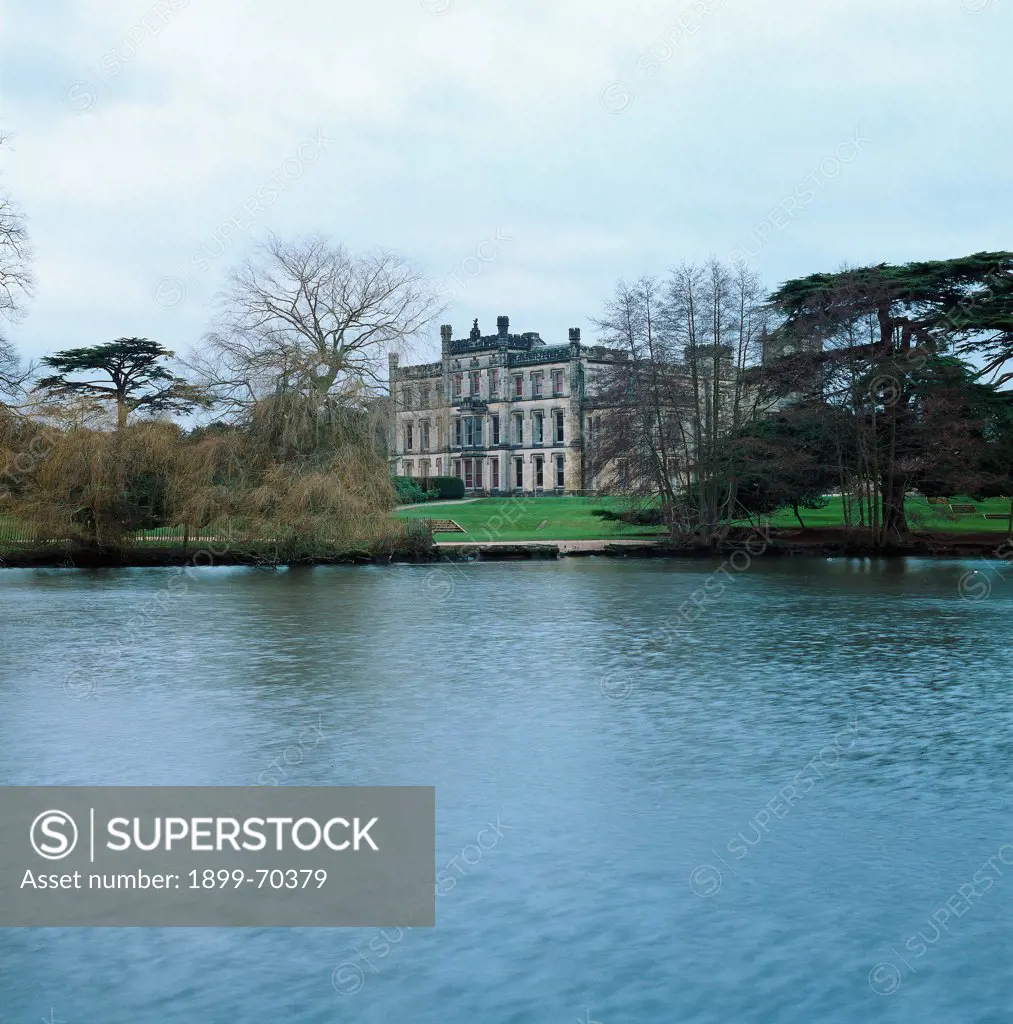 United Kingdom, Elvaston Castle. Detail. View of the river and the castle in the park.