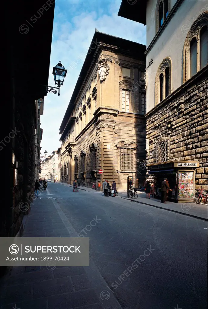Italy, Tuscany, Florence, Via Proconsolo. View of a street in Florence showing Nonfinito Palace and Pazzi Palace in succession, on the right.