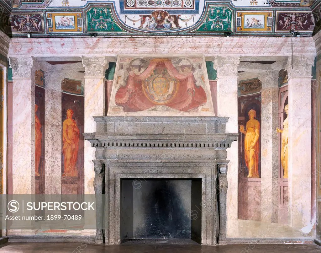 Italy, Lazio, Caprarola (Viterbo), Villa Farnese. Detail. View of the Jupiter Hall with frescoes and a fireplace.
