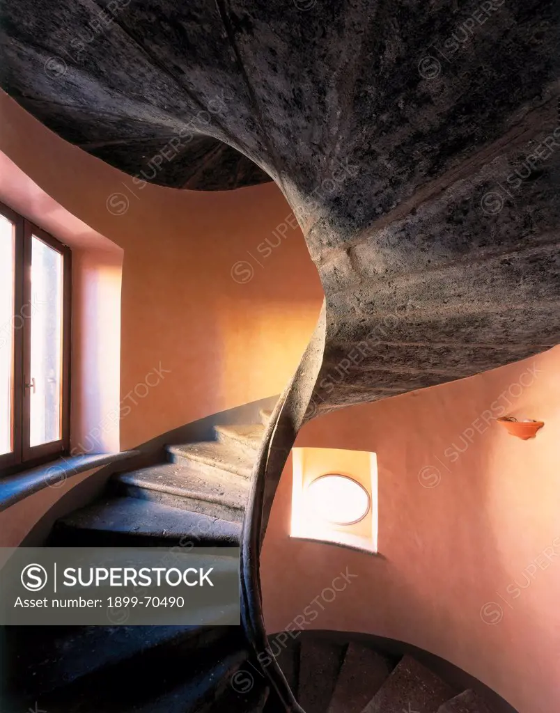 Italy, Lazio, Grotte di Castro (Viterbo), Palazzo Comunale. Detail. Inside view of the spiral staircase.