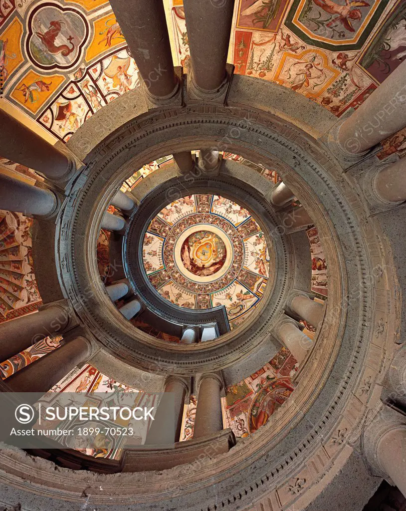 Italy, Lazio, Caprarola (Viterbo), Villa Farnese. Detail. Zenith view of the spiral staircase with coupled columns.