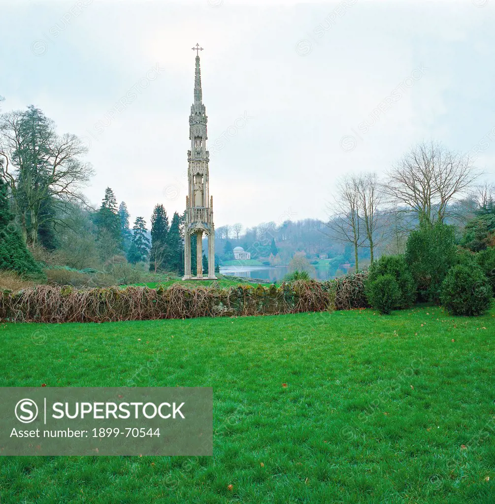 United Kingdom, Stourhead (Wiltshire). Detail. View of the park and a Neo-Gothic chapel with pinnacle.