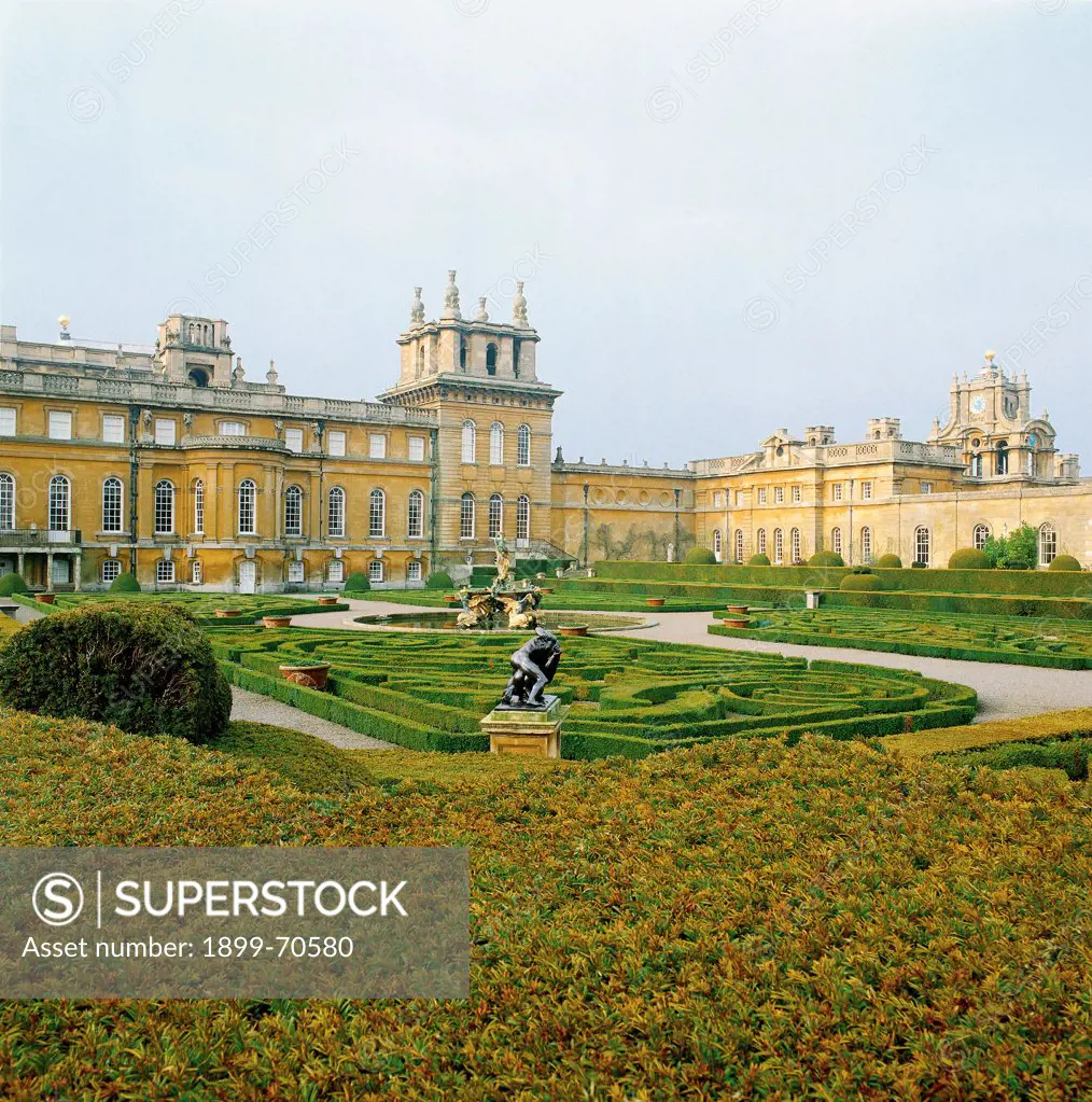 United Kingdom, Oxfordshire, Woodstock, Blenheim Palace. Detail. Foreshortening view of the Italian gardens with the palace as background.