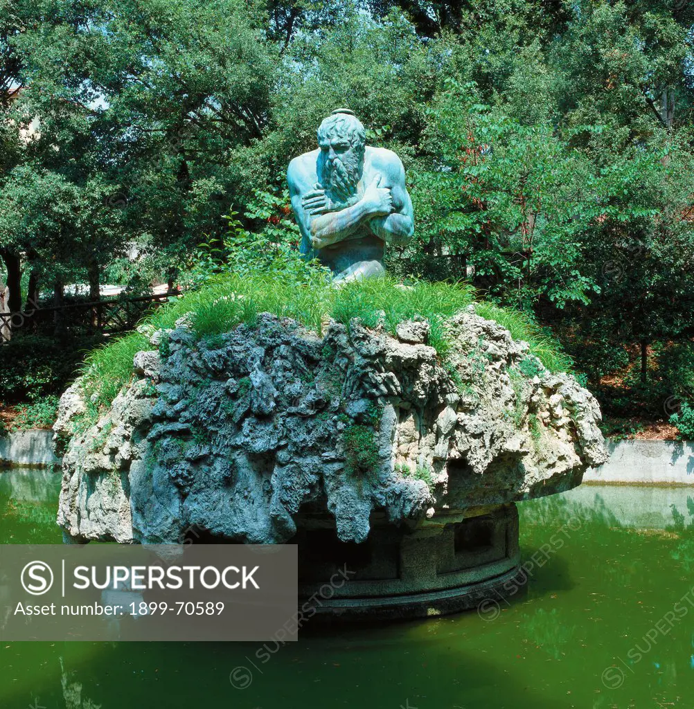 Italy, Tuscany, Castello, Villa Medicea. Detail. Fountain with a sculpture portraying the Apennine or the month of January in the shape of an elderly chilled man.