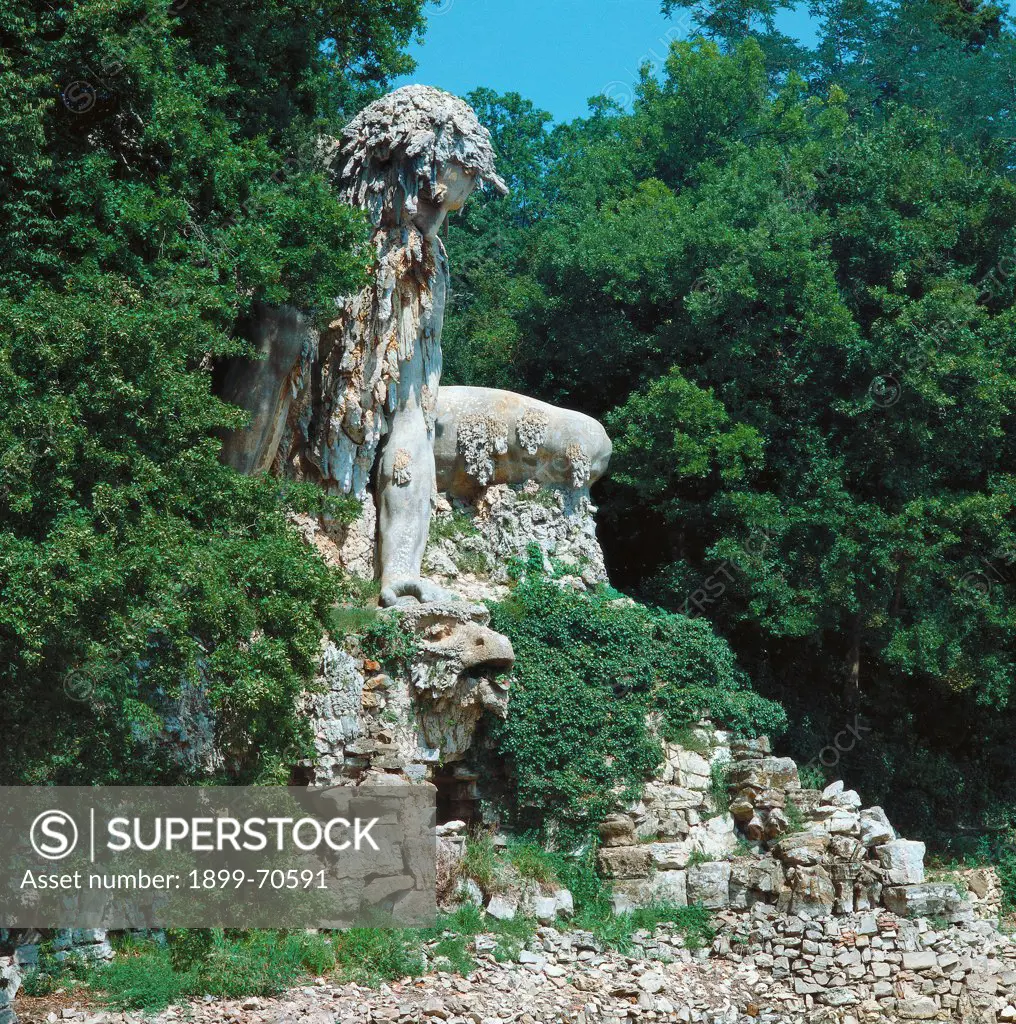 Italy, Tuscany, Pratolino, Villa Medici-Demidoff. Detail. Foreshortening view from left. Fountain with a sculpture portraying the Apennine in the shape of an elderly crouched man.