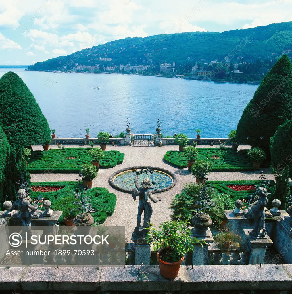 Italy, Lombardy, Isola Bella, Borromeo Gardens. Detail. View of the parterre and Lake Maggiore from the terraces adorned with statues.