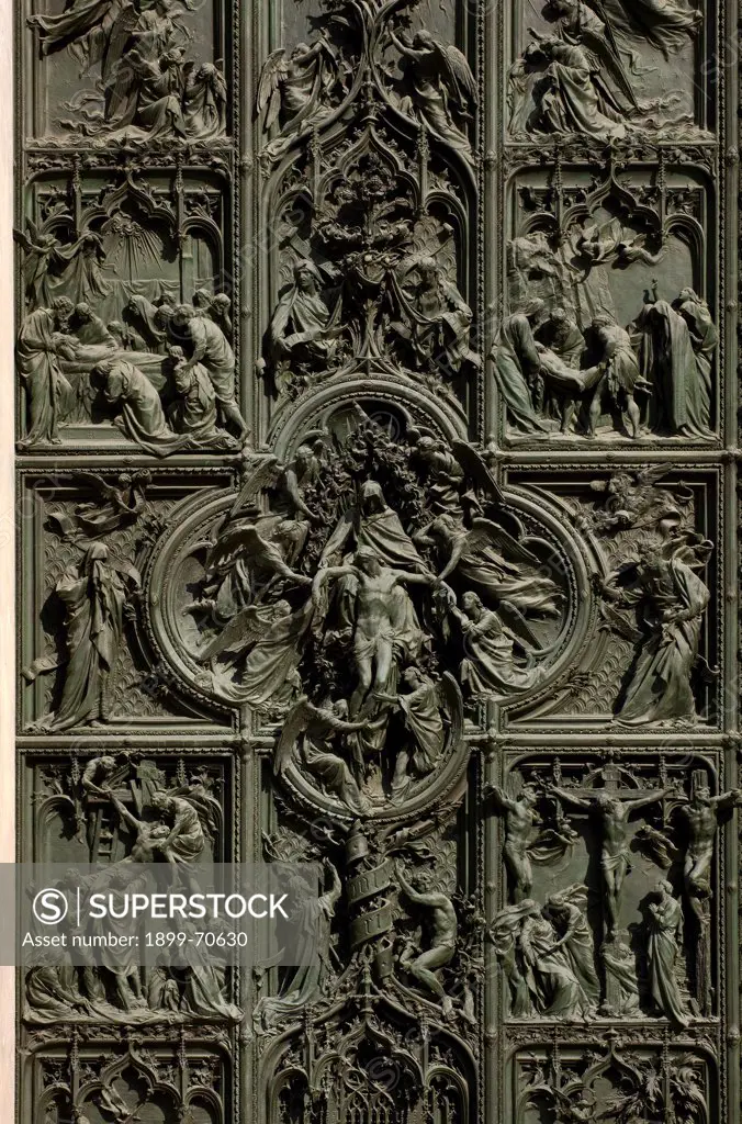 Italy, Lombardy, Milan, Duomo, Central Portal. Detail. Portal decorated with Virgin Mary's stories.