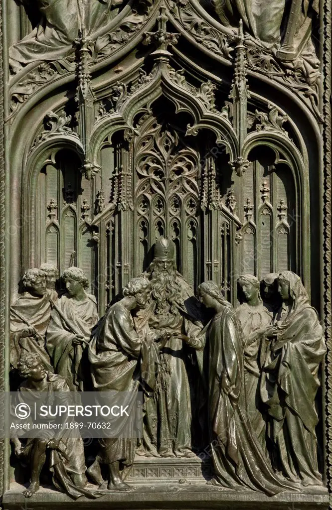 Italy, Lombardy, Milan, Duomo, Central Portal. Detail. The marriage of the Virgin.