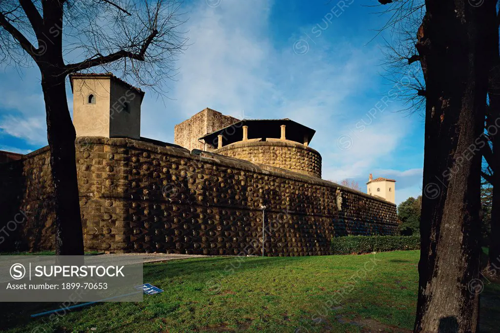 Italy, Tuscany, Florence. Whole artwork view. Outer view of the fortress with its rusticated walls an its tower.