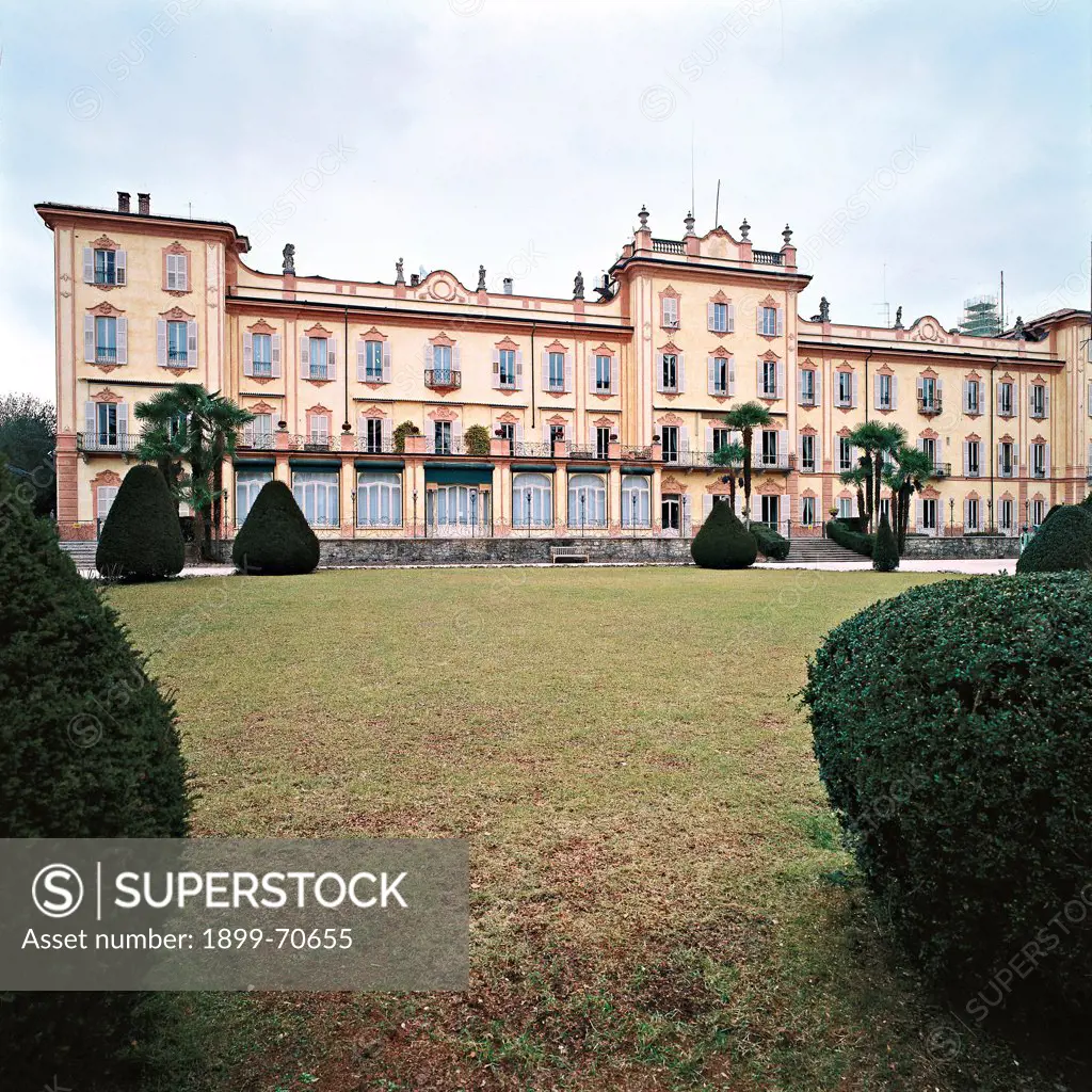 Italy, Lombardy, Varese. Whole artwork view. The facade and the garden.