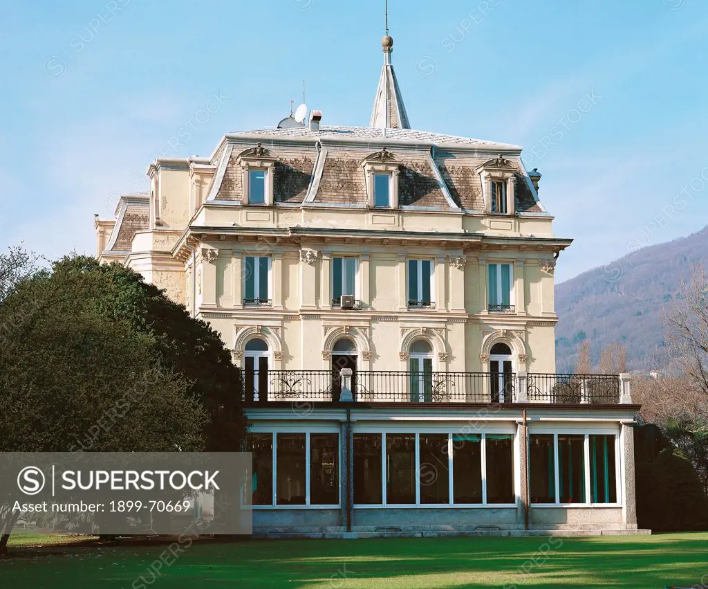 Italy, Piedmont, Verbania. Whole artwork view. The building inspired by the architectures of the French castles.