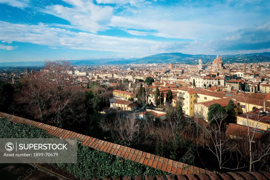 Italy, Tuscany, Florence, Piazzale Michelangelo. Whole artwork view. Aerial view of Florence historic city centre from Piazzale Michelangelo.