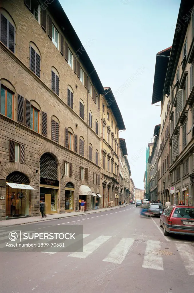 Italy, Tuscany, Florence, Via de' Tornabuoni. Whole artwork view. View of Via de' Tornabuoni in the historic city centre of Florence.