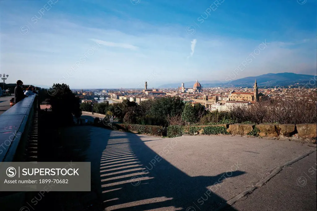 Italy, Tuscany, Florence, Piazzale Michelangelo. Whole artwork view. View of Florence historic city centre from Piazzale Michelangelo.
