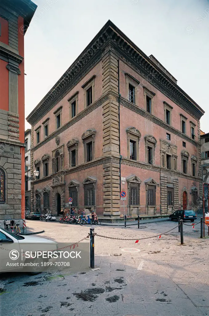 Italy, Tuscany, Florence, Via de' Servi. Whole artework view. A foreshortening view of the Budini Gattai Palace on the corner between Via de 'Servi and Santissima Annunziata Square. The facades are covered with ashlar-work.