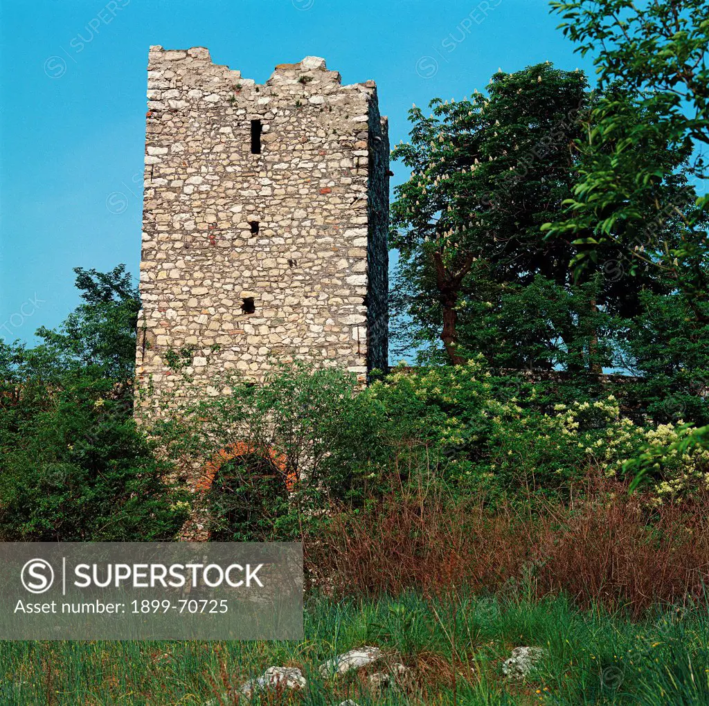 Italy, Lombardy, Vercurago. Whole artwork view. The ruins of the stone tower of the Stronghold of Vercurago.