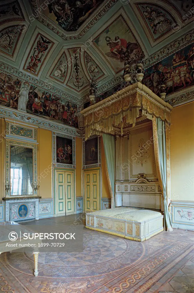Italy, Lombardy, Cremona, Stanga Trecco Palace. Detail. Overview of the bedroom with the furniture designed by Faustino Rodi in 1787-1789. The ceiling is decorated with painted panels.