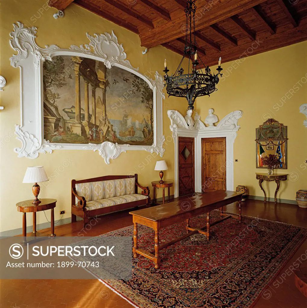 Italy, Tuscany, Prato, Prefecture Palace. Detail. A boardroom enriched with stuccos, mural paintings, mirrors, furniture and fittings.