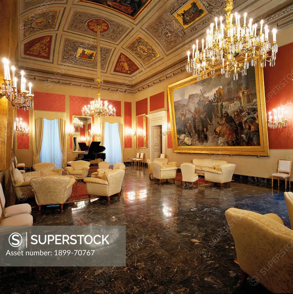 Italy, Abruzzo, Chieti, Prefecture Palace. Detail. A boardroom decorated with furniture and decorations in neo-baroque style.